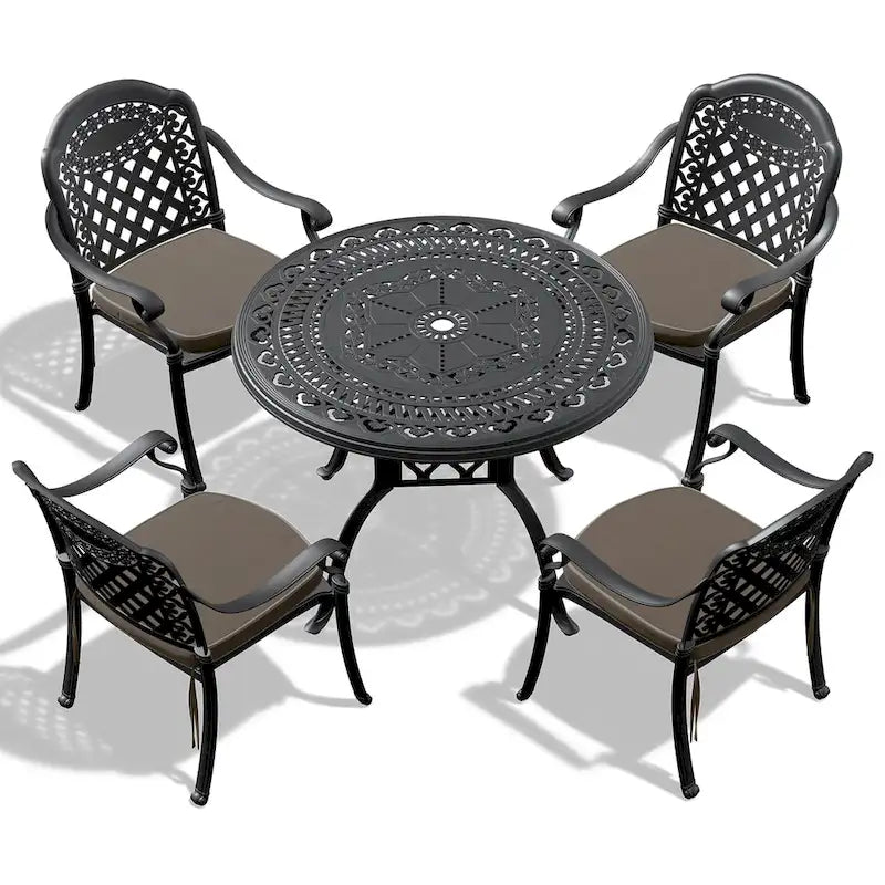 3/5-Piece Cast Aluminum Outdoor Dining Set with 39.37 in. Round Table and Random Color Seat Cushions