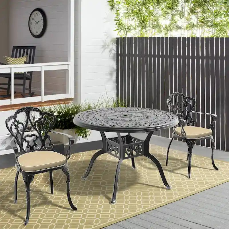 3/5-Piece Cast Aluminum Outdoor Dining Set with 39.37 in. Round Table and Random Color Seat Cushions