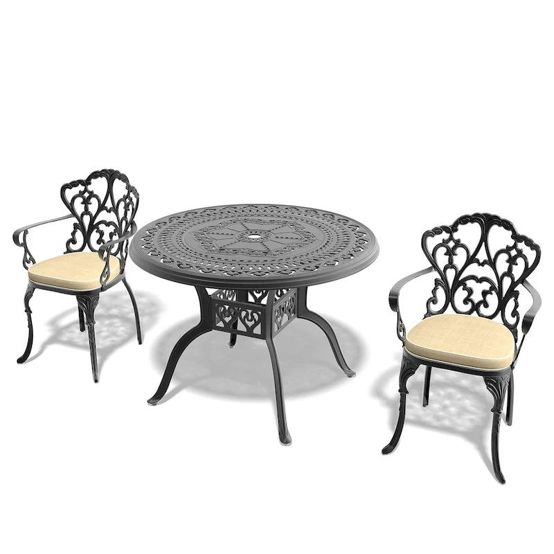 3/5-Piece Cast Aluminum Outdoor Dining Set with 39.37 in. Round Table and Random Color Seat Cushions