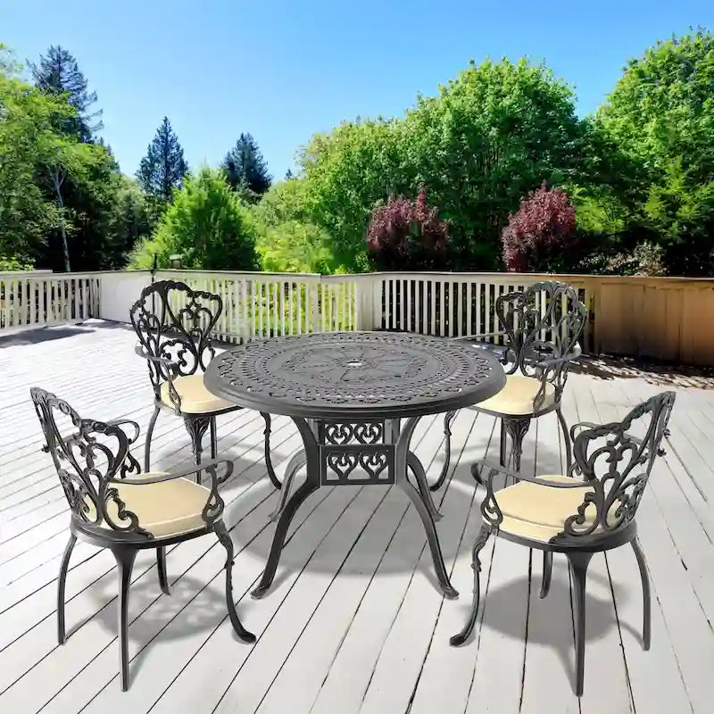 3/5-Piece Cast Aluminum Outdoor Dining Set with 39.37 in. Round Table and Random Color Seat Cushions
