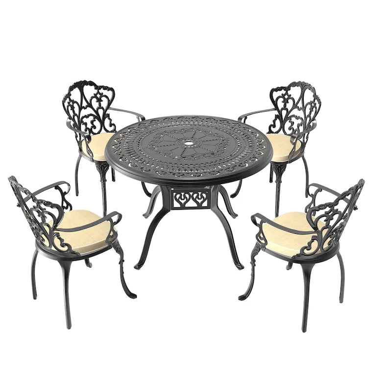 3/5-Piece Cast Aluminum Outdoor Dining Set with 39.37 in. Round Table and Random Color Seat Cushions