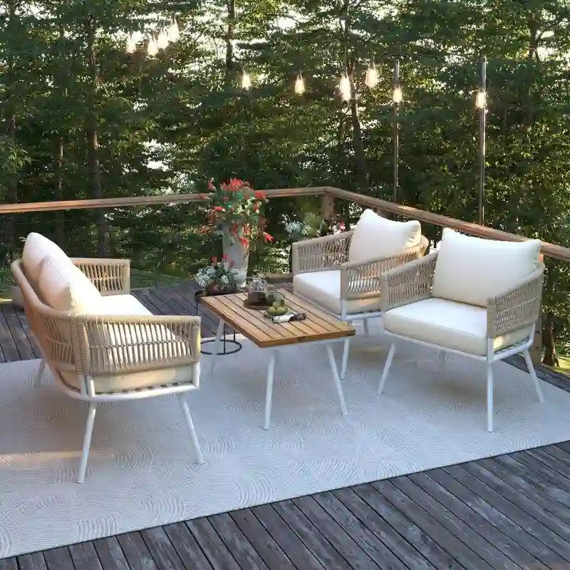 4-Piece Boho Rope Patio Furniture Set Conversation Seat with Acacia Wood Table for Backyard Porch Balcony
