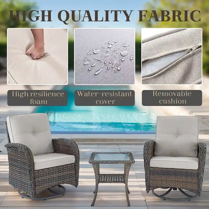 Outdoor Swivel Chairs with Rattan Side Table - Brown