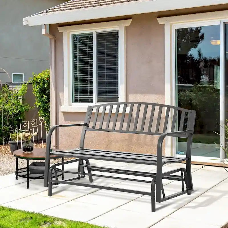Outdoor Glider Bench, with Armrests, Slatted Seat & Backrest, Loveseat with Power Coated Steel Frame