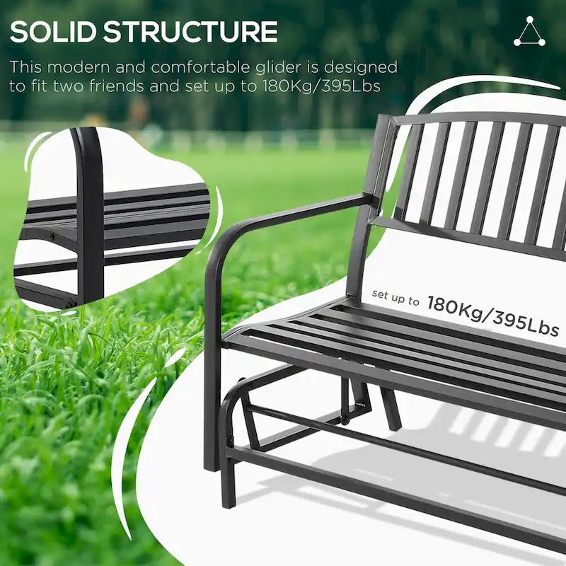 Outdoor Glider Bench, with Armrests, Slatted Seat & Backrest, Loveseat with Power Coated Steel Frame