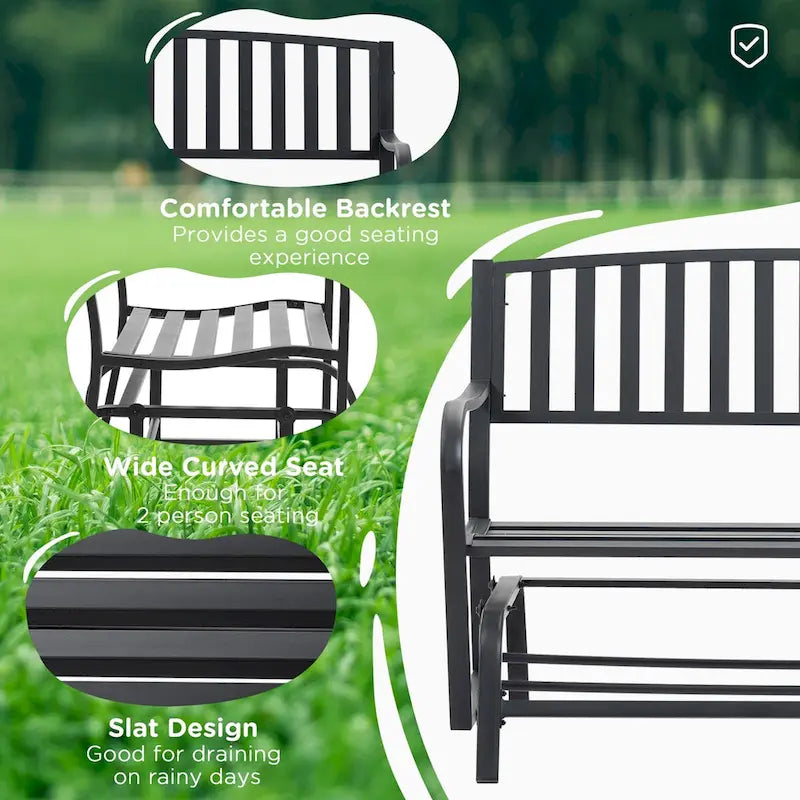 Outdoor Glider Bench, with Armrests, Slatted Seat & Backrest, Loveseat with Power Coated Steel Frame