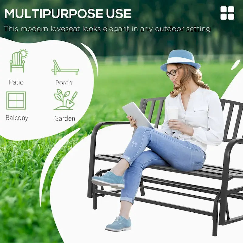 Outdoor Glider Bench, with Armrests, Slatted Seat & Backrest, Loveseat with Power Coated Steel Frame