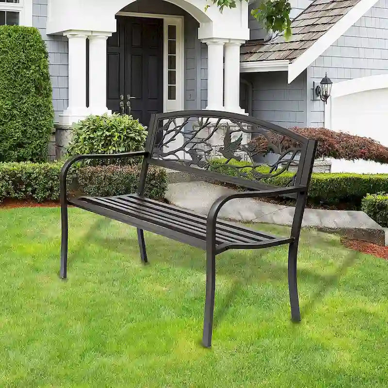 Outsunny 50  Garden Bench, Outdoor Patio Bench with Animal Pattern, Cast Steel Metal Bench