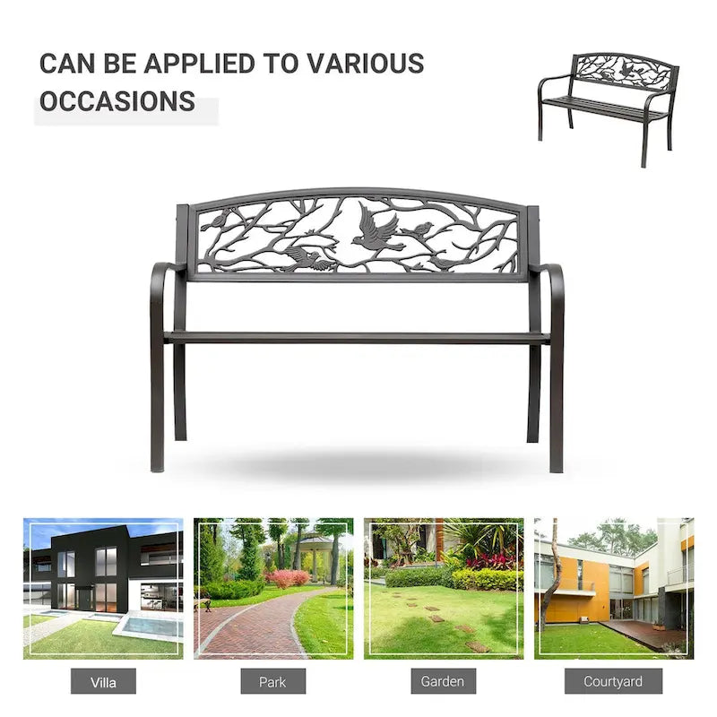 Outsunny 50  Garden Bench, Outdoor Patio Bench with Animal Pattern, Cast Steel Metal Bench