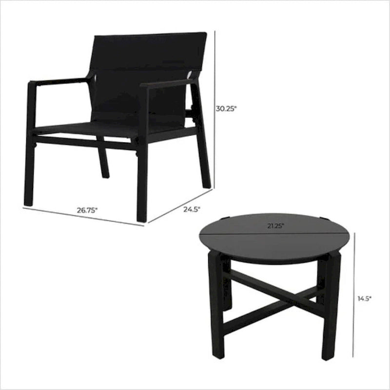 Mesh Sling Armchairs, Conversation Set with Side Table, Aluminum Frame (Set of 3)