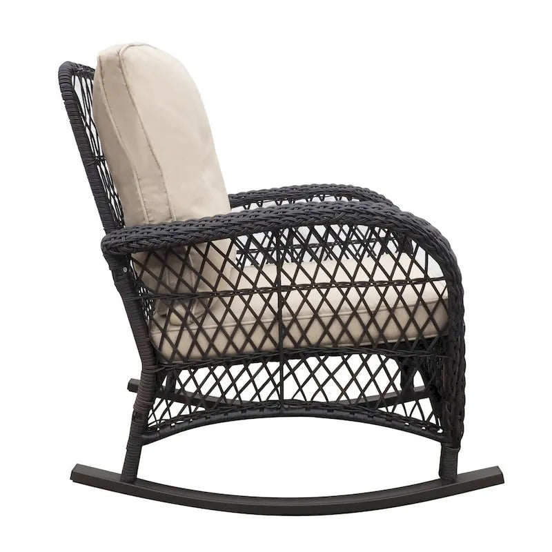 Outdoor Rattan Rocker Chair with Cushion and Powder-coated Metal Frame