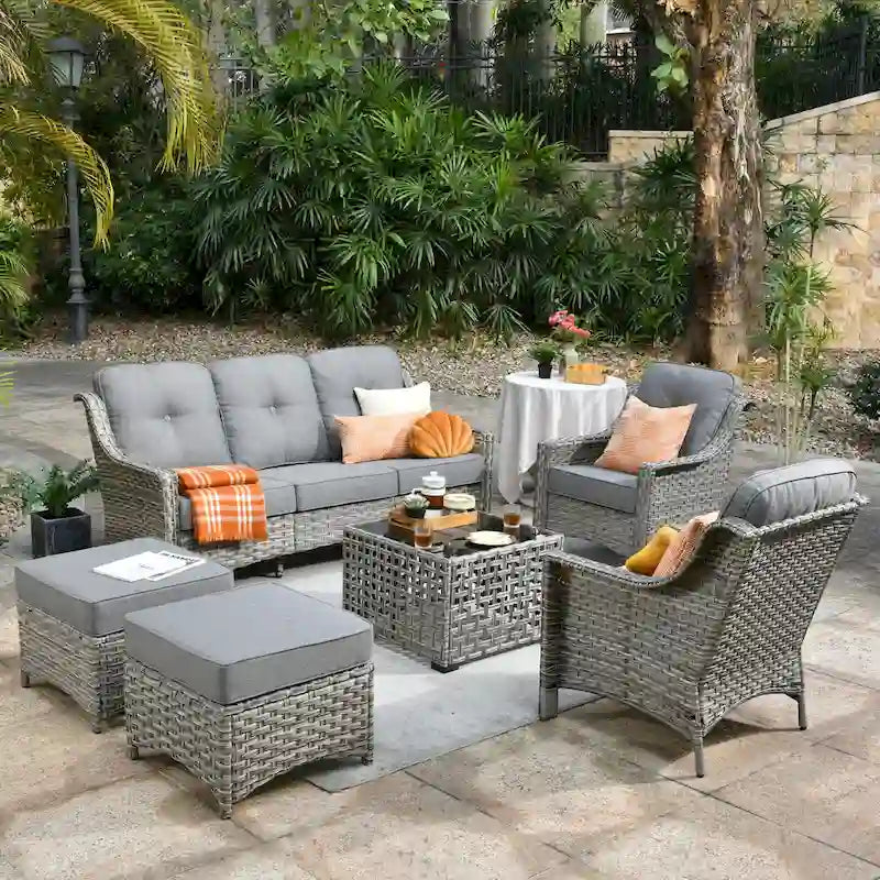 OVIOS 6 Pieces Outdoor Wicker Set With Solar-Powered Table
