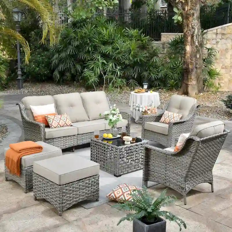 OVIOS 6 Pieces Outdoor Wicker Set With Solar-Powered Table