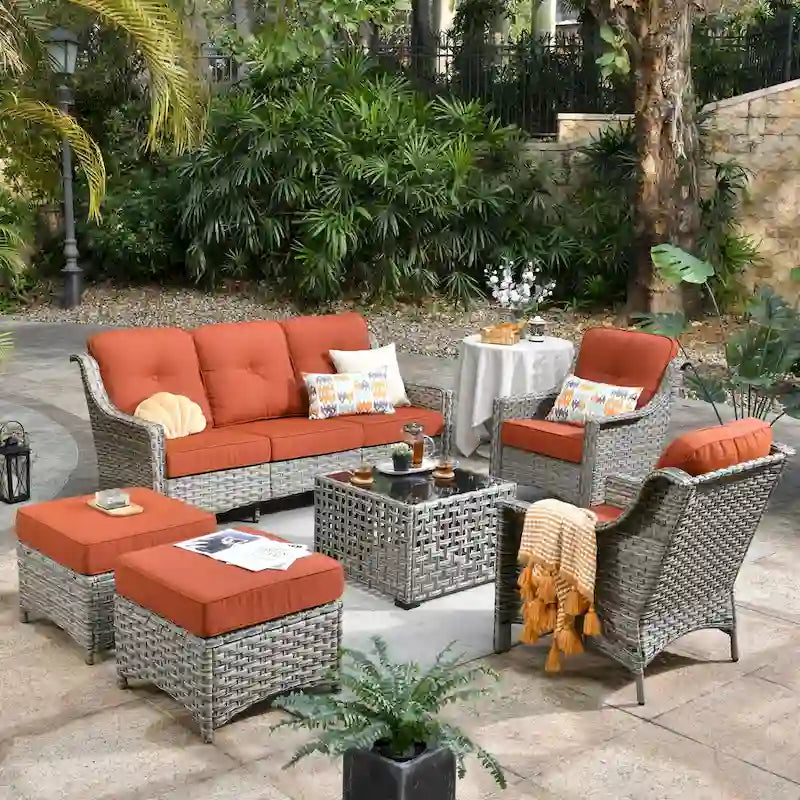 OVIOS 6 Pieces Outdoor Wicker Set With Solar-Powered Table